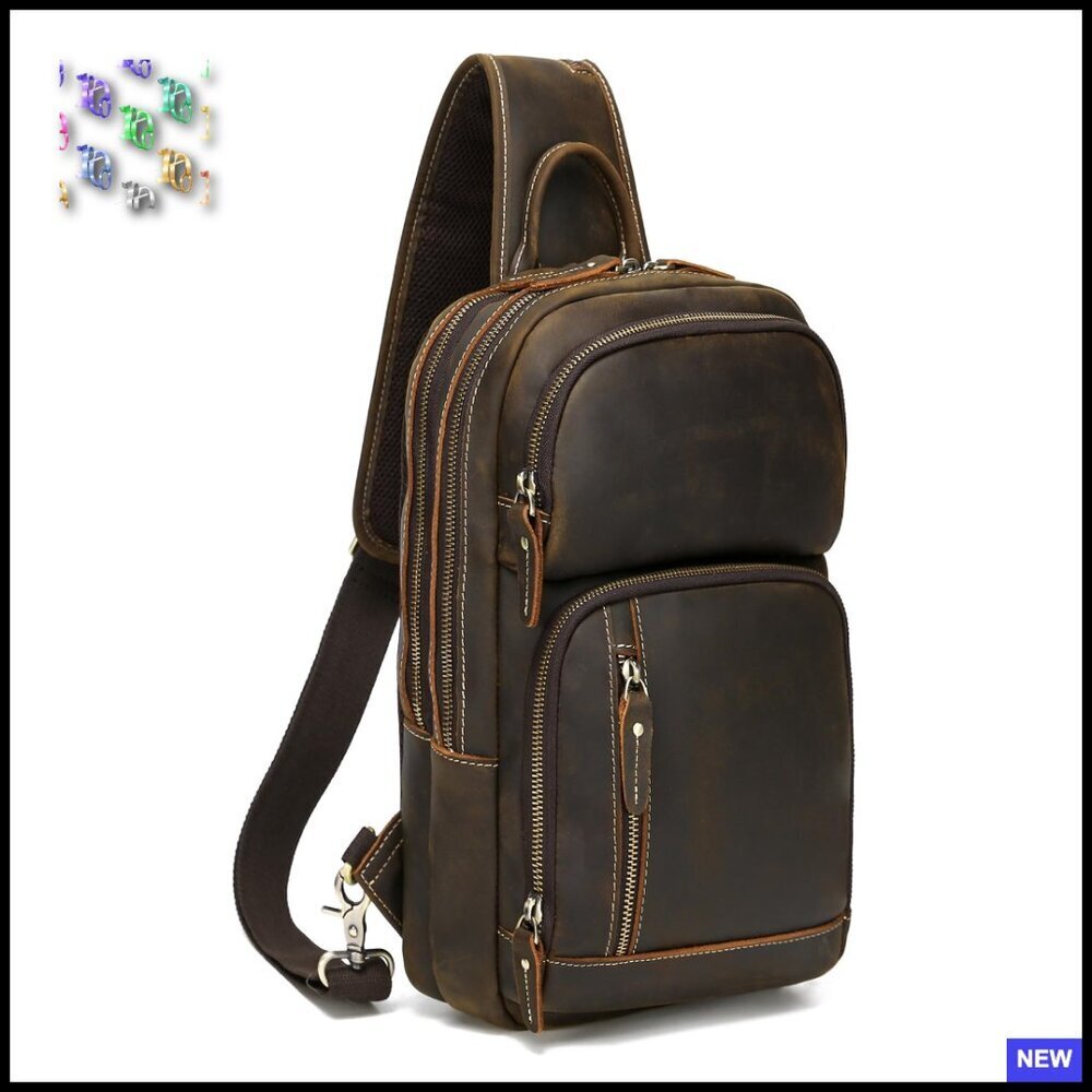 Vintage Full Grain Leather Sling Bag Crossbody Daypack Classic Retro Travel